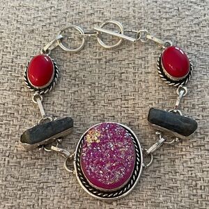 Sterling Silver, Titanium Druzy, Coral, Labradorite Bracelet